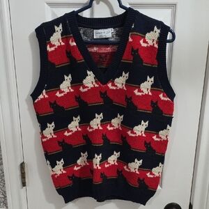 Vintage Made In USA Red Blue Cat Sweater Vest Size Medium 100% Cotton  Cat Lady